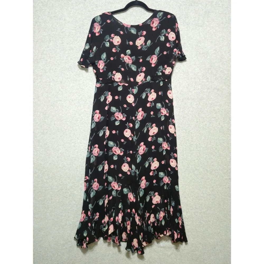 LOLA P Womens Midi Dress Medium Black Pink Floral Ruffle Hem 90s Y2K Cottagecore